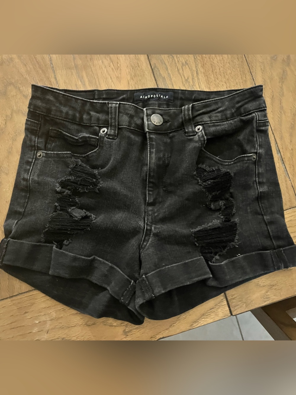 Aeropostale Black Distressed Cuffed Denim Shorts